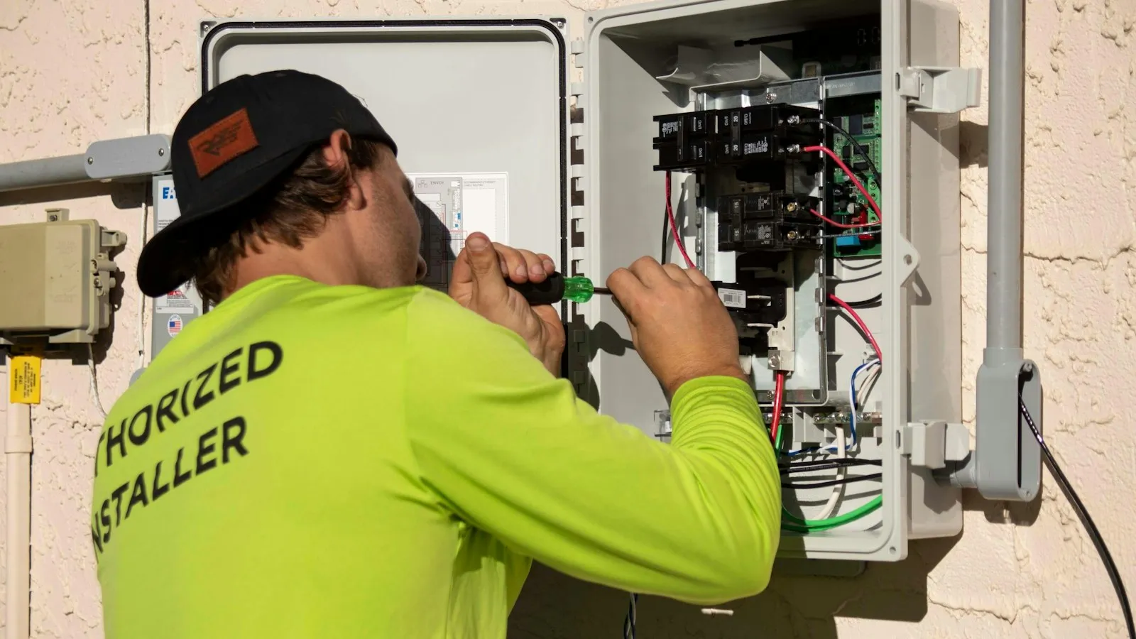 Technician testing wiring inside an electrical panel