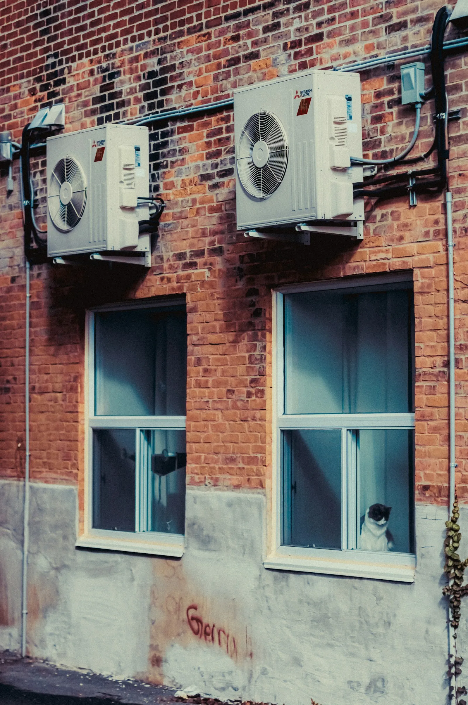 Two air conditioning units on the side of a brick building